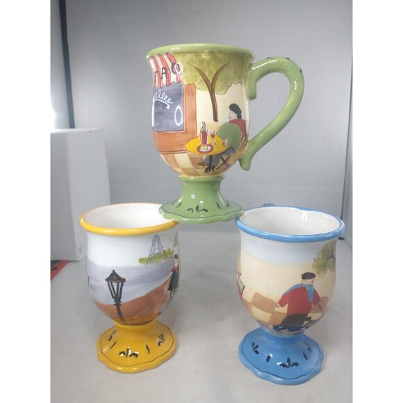 Jennifer Brinley Bistro Coffe Mug Cup Certified International Pedestal Set Of 3 - Picture 5 of 16